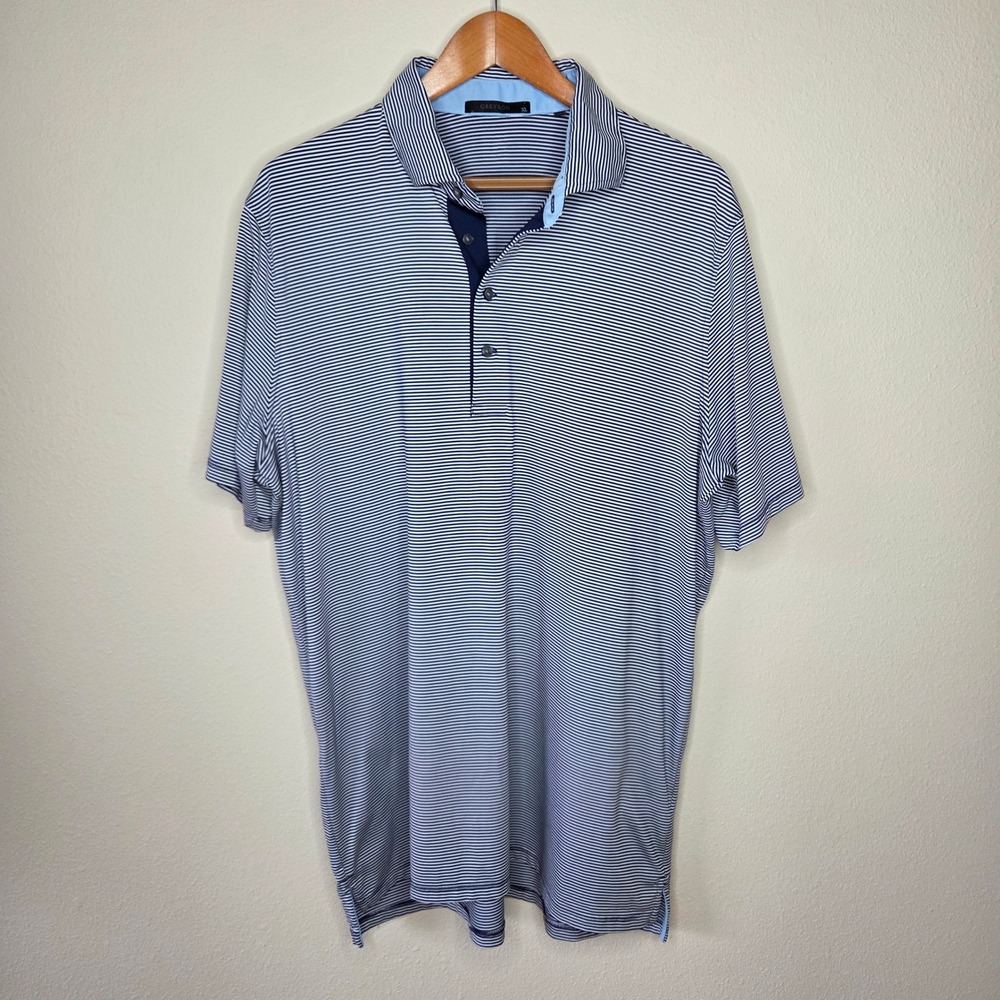 Greyson Mens XL Striped Performance Golf Polo Shirt Navy White Short Sleeve - Picture 2 of 7